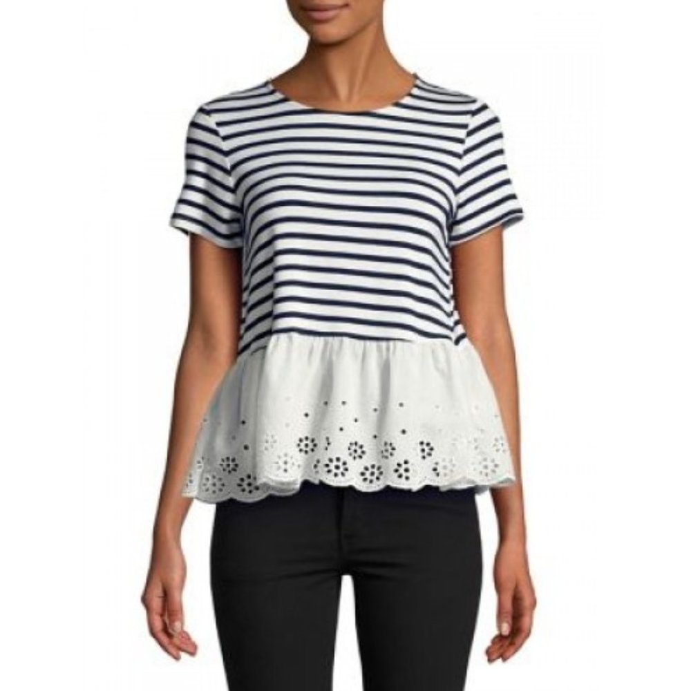 Design Lab Lord & Taylor Striped Eyelet Hem Tee